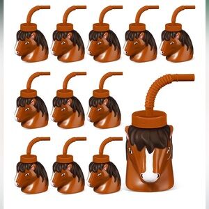 Horse Party Cups with Straws & Lids - Brown Set of 12
